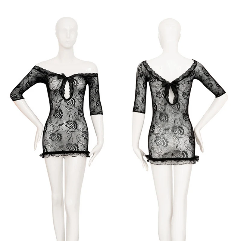 

Women Sexy Lace Mesh Dress Transparent Skinny Pajamas Lady Hollow Lingerie Black Less Erotic Dress Nightwear