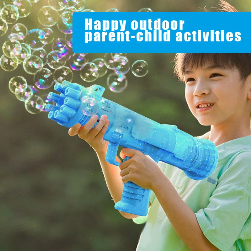 

Newly Portable Gatling Bubble Machine Glowing Automatic Bubble Blower Multifunctional Outdoor Toy for Children