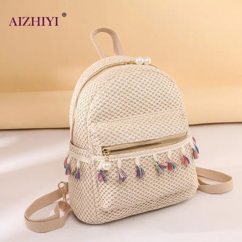 

Women Backpack Teen Girls 2021 Summer Beach Straw Weave Tassel Backpackk Female Casual Shoulder School Bag
