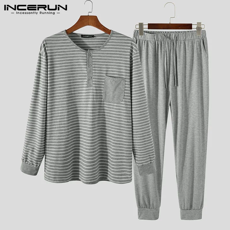 

Fashion Man Comfy Button Sleepwear INCERUN Men Cotton Pajama Sets Long Sleeve Striped Tops Drawstring Pants Homewear Suits S-5XL