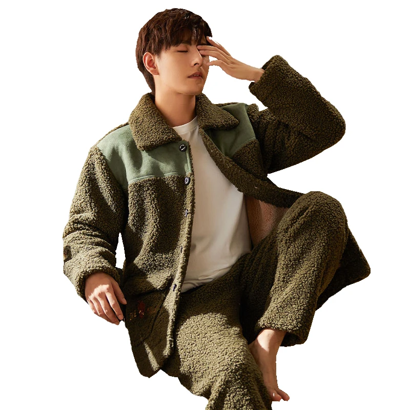 Winter Men's Winter Coral Flannel Personalized Fashion Turn-down Colar Homewear Pajamas Set