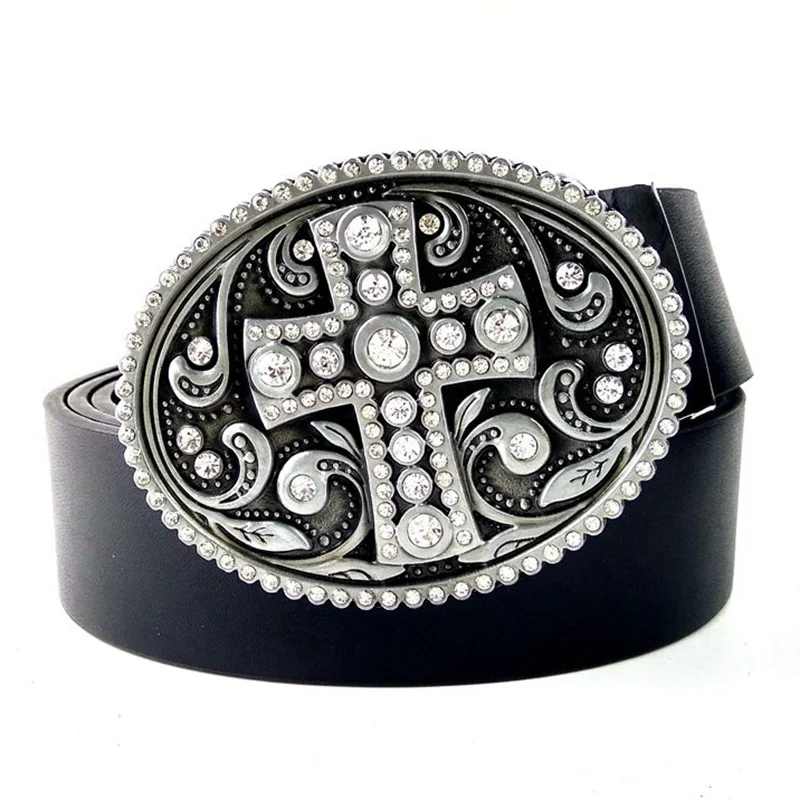 Vintage Cross Rhinestones Cowboy Cowgirl Unisex Belts for Women Men Casual PU Leather Western Bling Fashion  Accessories Gifts