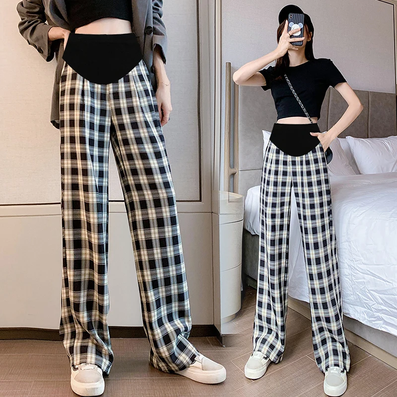 

965# Summer Thin Plaid Cotton Linen Maternity Full Long Pants Wide Leg Loose Adjustable Belly Pants for Pregnant Women Pregnancy