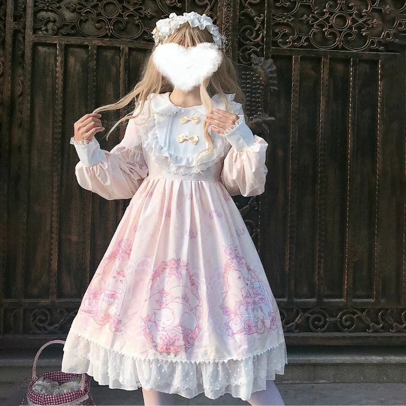 

Harajuku Lolita dress Cosplay Original Lolita cat daily soft sister Japanese cute lantern long sleeve op dress autumn winter