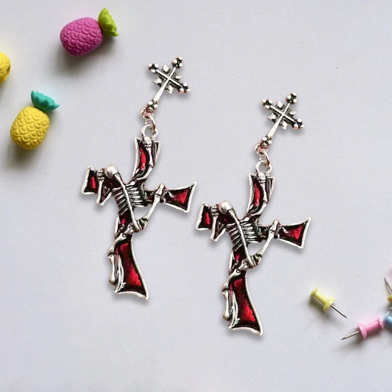 

1 Pair Women Gothic Earrings Punk Style Cross Pattern Metal Red Rhinestone Ear Pendant Drop Dangle Jewelry Gifts