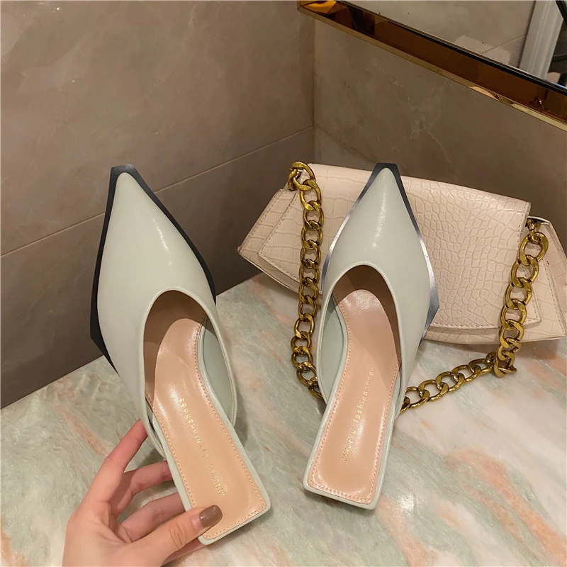 Мюли женские на квадратном каблуке простые туфли заостренный носок квадратная