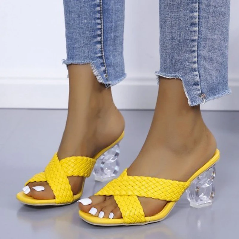 

Прозрачные сандалии на необычном высоком каблуке, женские летние шлепанцы 2021, модные желтые шлепанцы с открытым носком