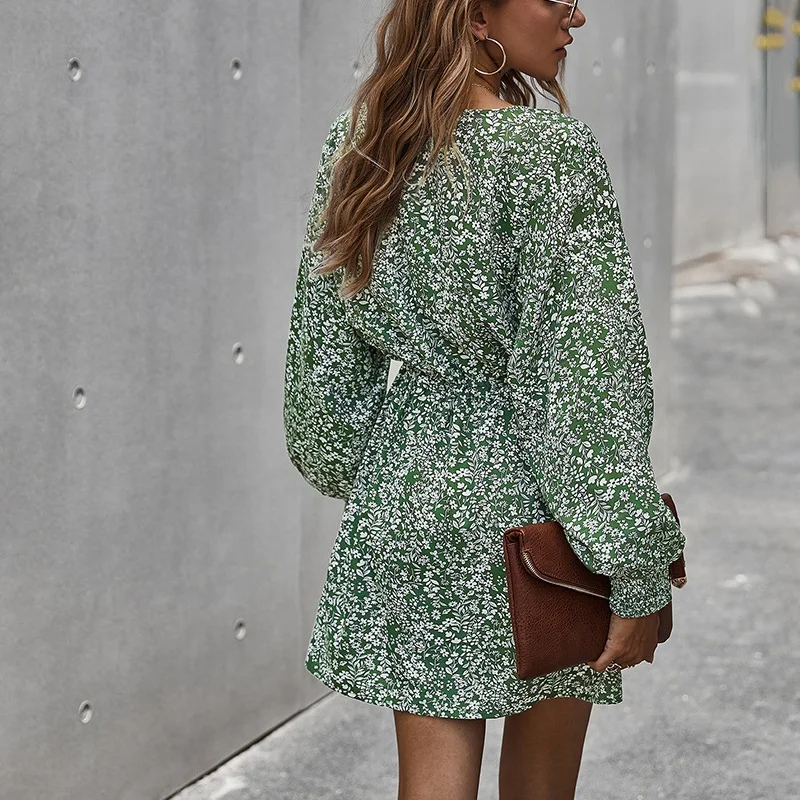

Autumn Floral Elegant Women Dress Long Sleeve Casual Beach Boho Loose Lace Up Sexy Dresses Woman