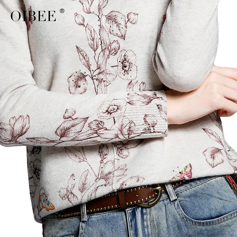

Oibee wool knit sweater women 2020 new autumn high neck print long sleeve pullover top fashion all-match sweater