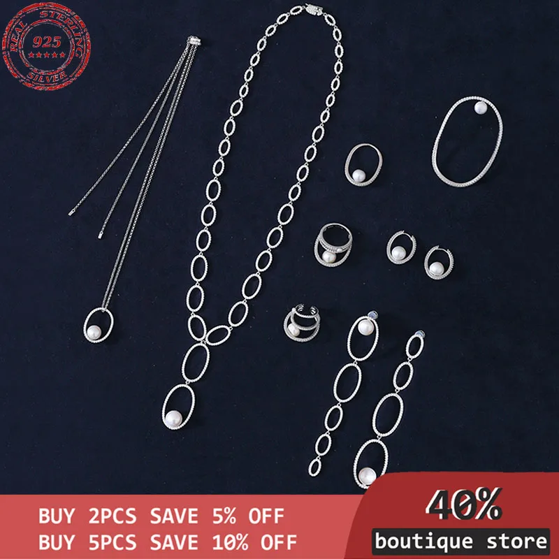 

S925 Silver Multi Ring Sterling Silver Pearl asymmetric Earring Necklace light temperament luxury women's jewelry