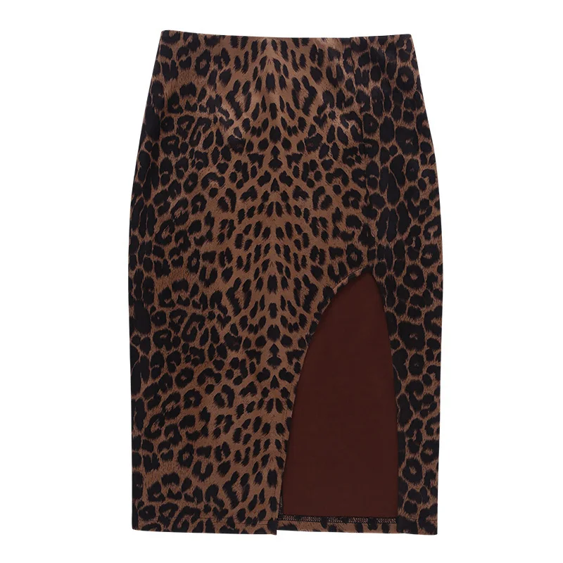 

High waist split leopard print skirt female spring 2021 European and American ins high waist all-match bag hip skirt
