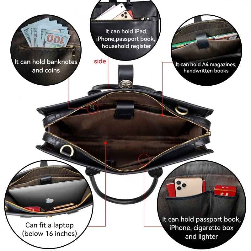 Men's Briefcase Handmade Genuine Leather 16'' Laptop Doctor Document Lawyer Bag Cowhide Messenger Shoulder Briefcase Women Bag