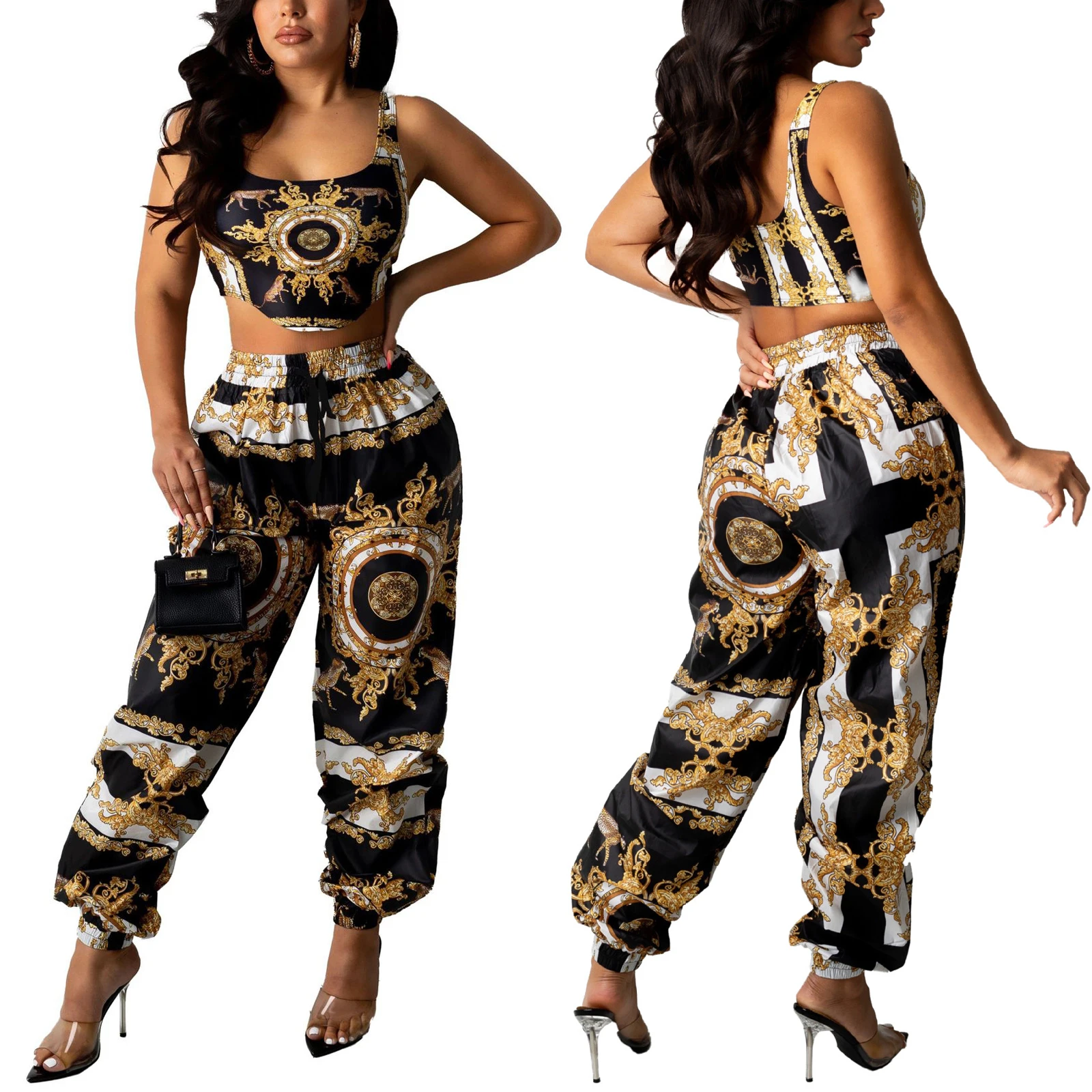 

Women\u2019s Vest and Trousers Suit Vintage Print Sleeveless Cropped Tops and Beam Feet Long Pants