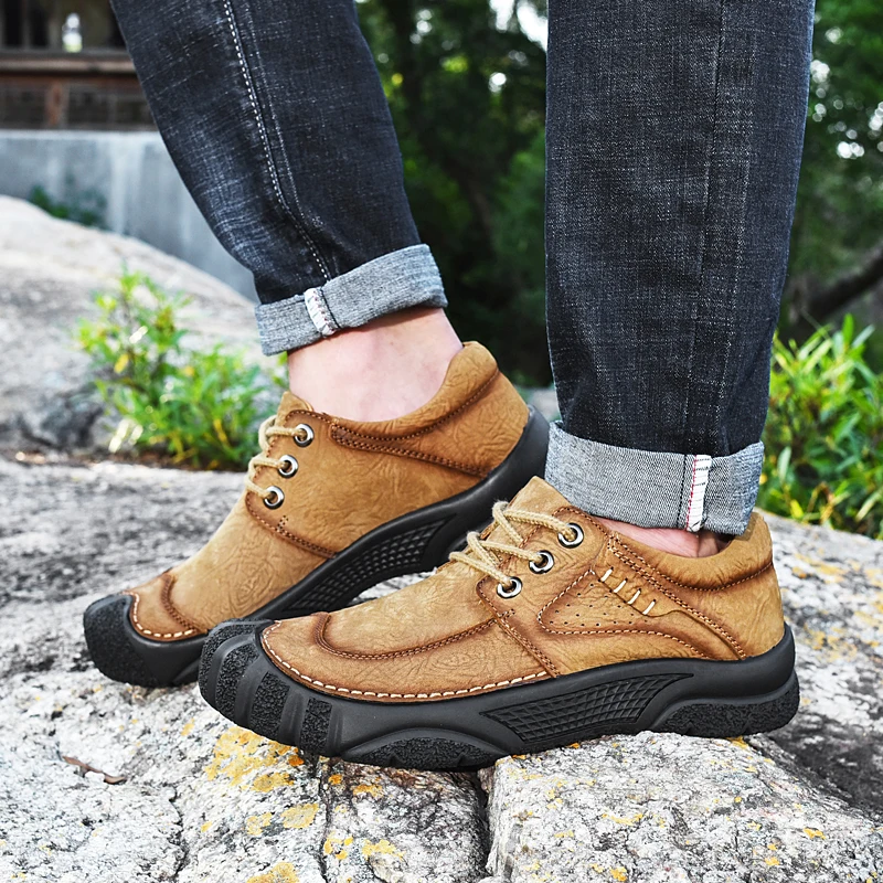 

Men Hiking Shoes Outdoor Casual Shoes Comfortable Lace-up Leather Shoes Tooling Shoes Breathable Travel Shoes Platform Shoes