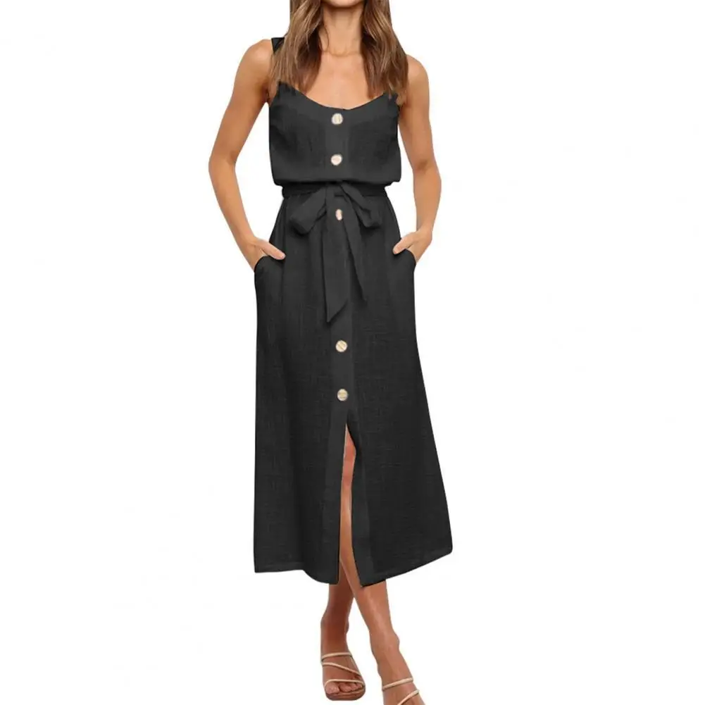 

Женское однотонное платье-трапеция без рукавов, летнее платье на бретелях, с пуговицами и поясом, платье-жилет вечерние, летнее офисное женс...