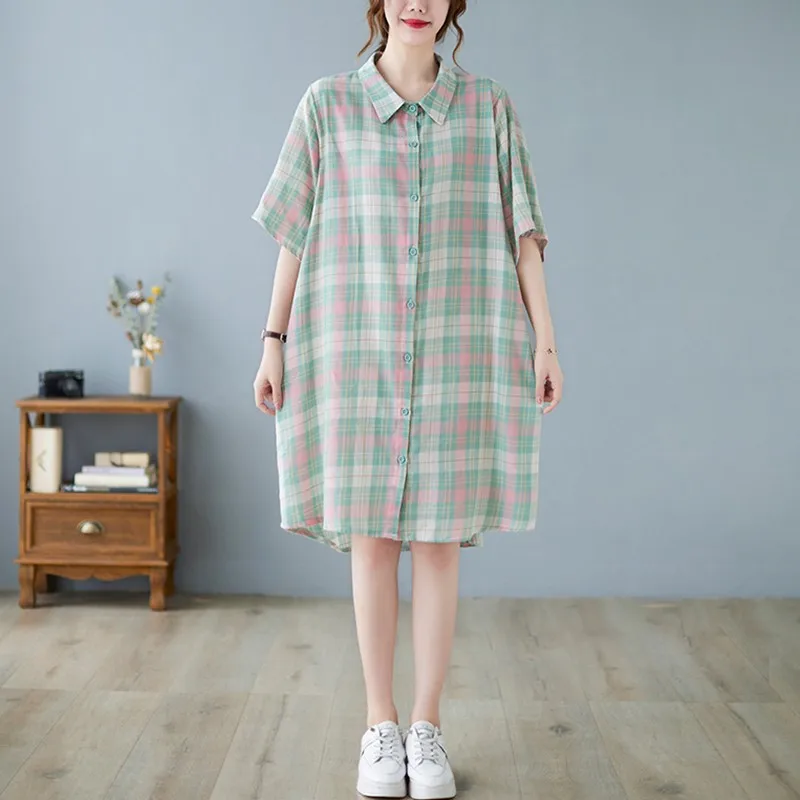 

Women Cotton Casual Long Shirts New 2021 Simple Style Turn-down Collar Loose Comfortable Female Plaid Tops B483