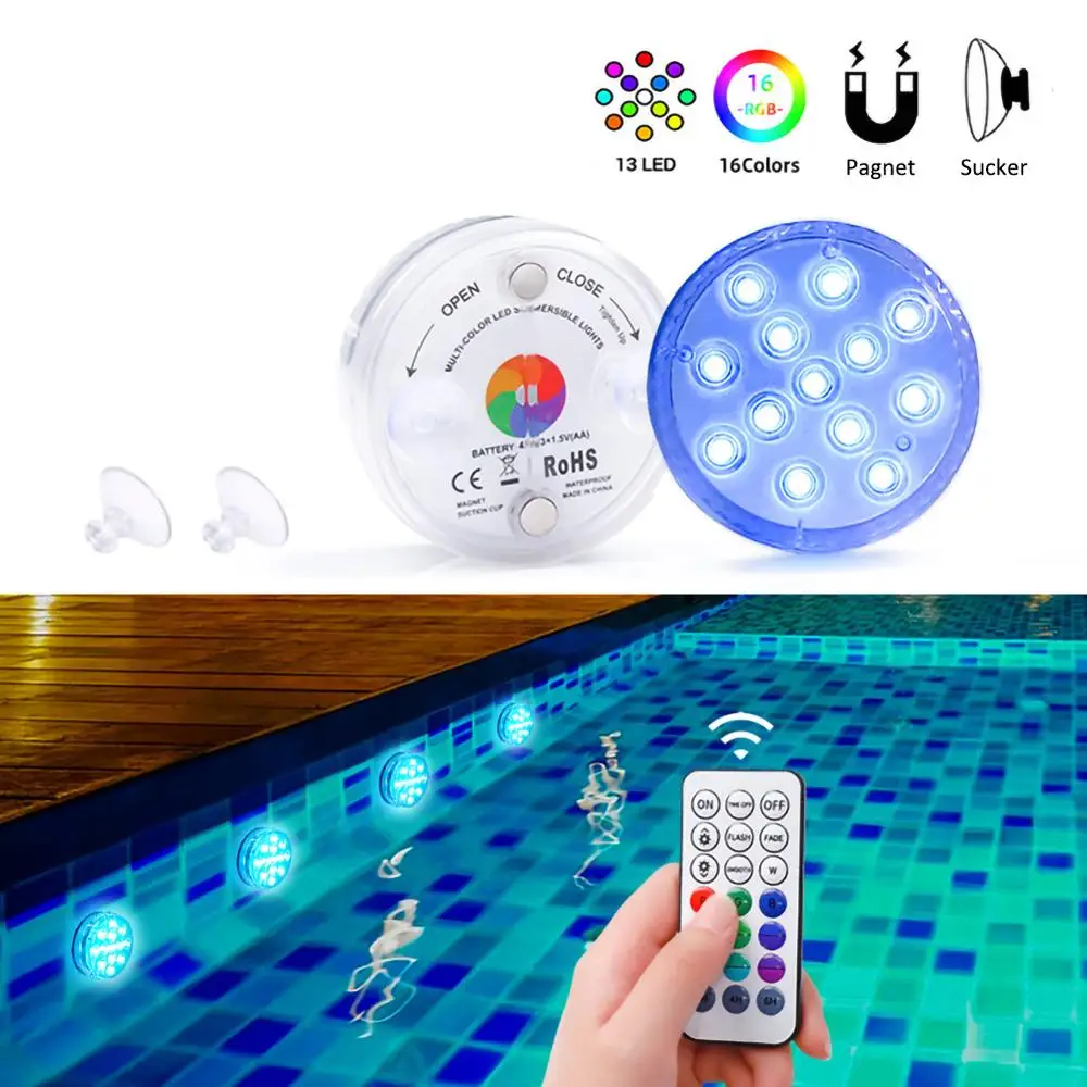 

13 LED Pool Lighting IP68 Waterproof RF Remote Submersible Lights for Pond Fountain Underwater Lamp with Magnet And Suction Cup