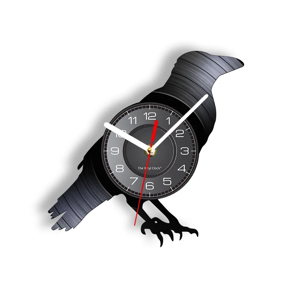 Raven Black Vinyl CD Disc Silent Quartz Clock Traditional Gothic Home Decor Perched Crow Raven Bird Vinyl Record Wall Clock