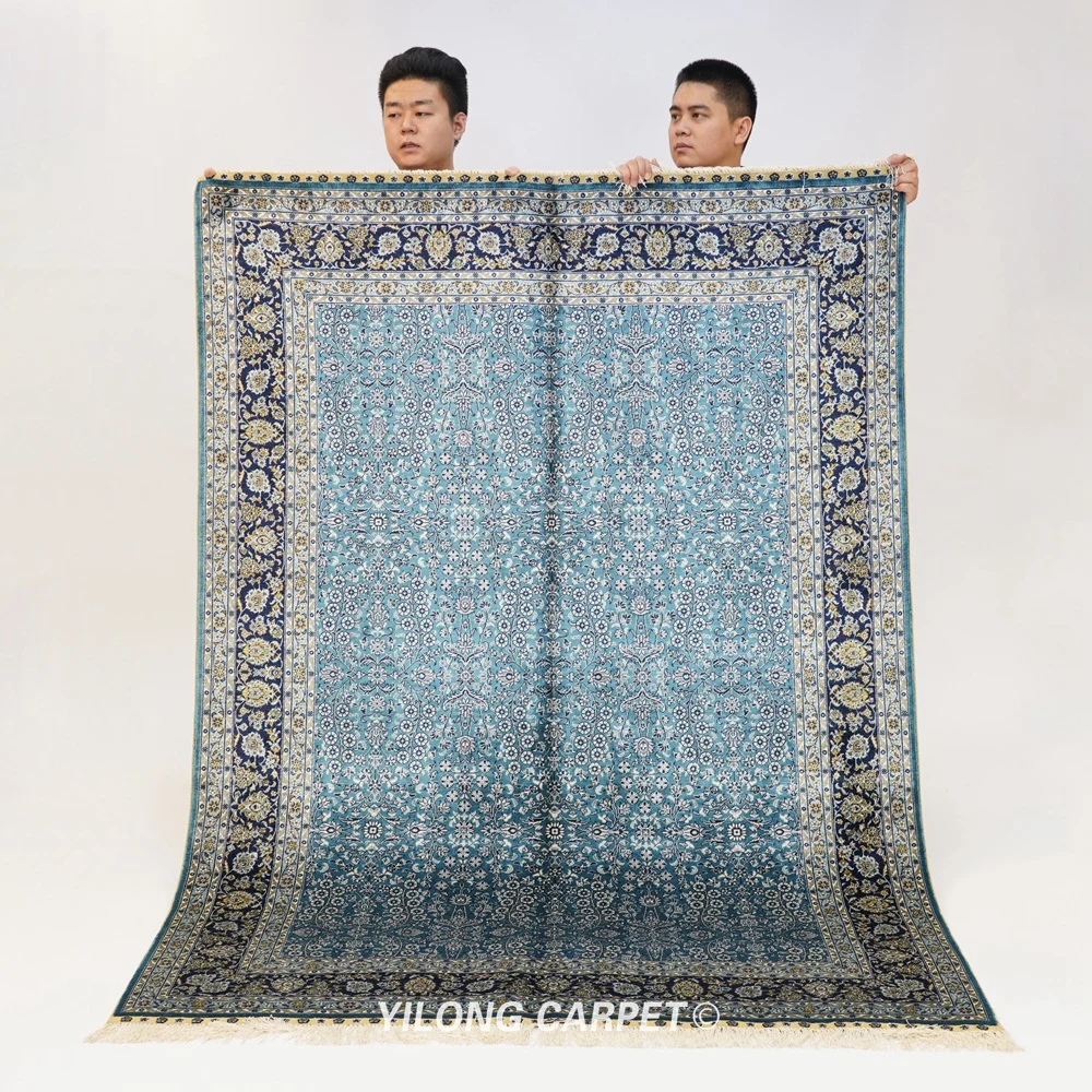 5'x7' Blue All Over Hand Woven Silk Rugs Persian Qum Medallion Carpet (HF382H) | Дом и сад