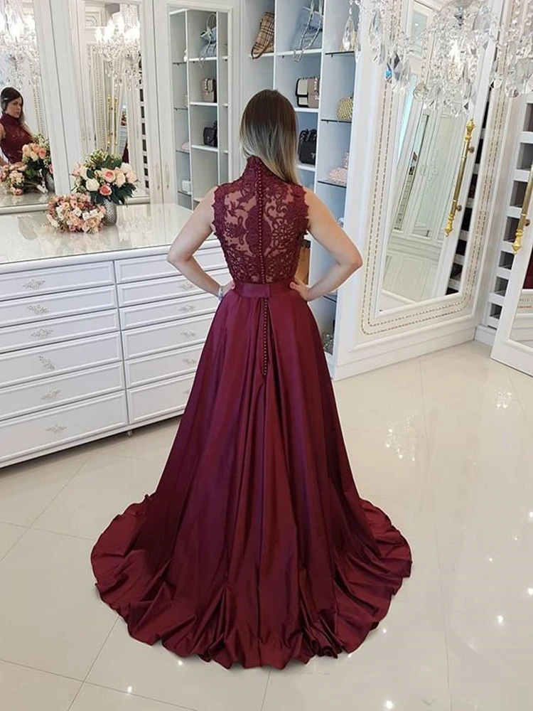 2020 High Collar Sleeveless Evening Dresses Lace Applique Buttons Back Mother of the Bride Dress Satin A Line Prom Gowns | Свадьбы и