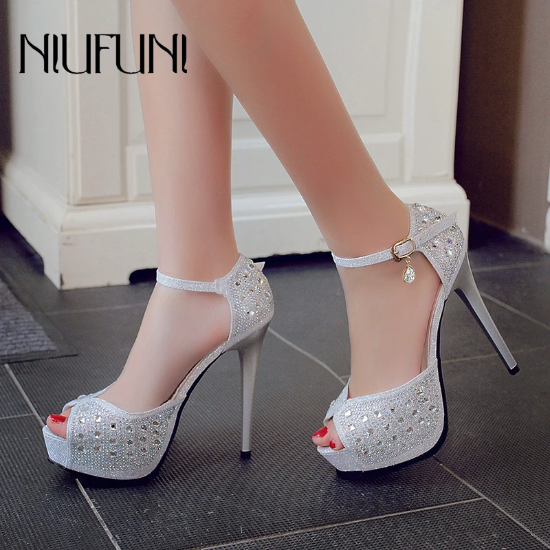 

Gladiator Peep Toe Rhinestone Women's Sandals Sexy Platform Stiletto High Heels Belt Buckle Roman NIUFUNI 2020 Shoes For Women