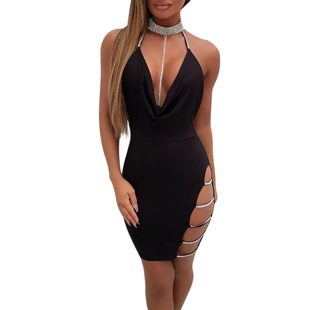 

2021 Summer Womens Sexy Dress Deep V Neck Halter Backless Bodycon Casual Mini Dress Elegant Sexy Party Streetwear Female Button