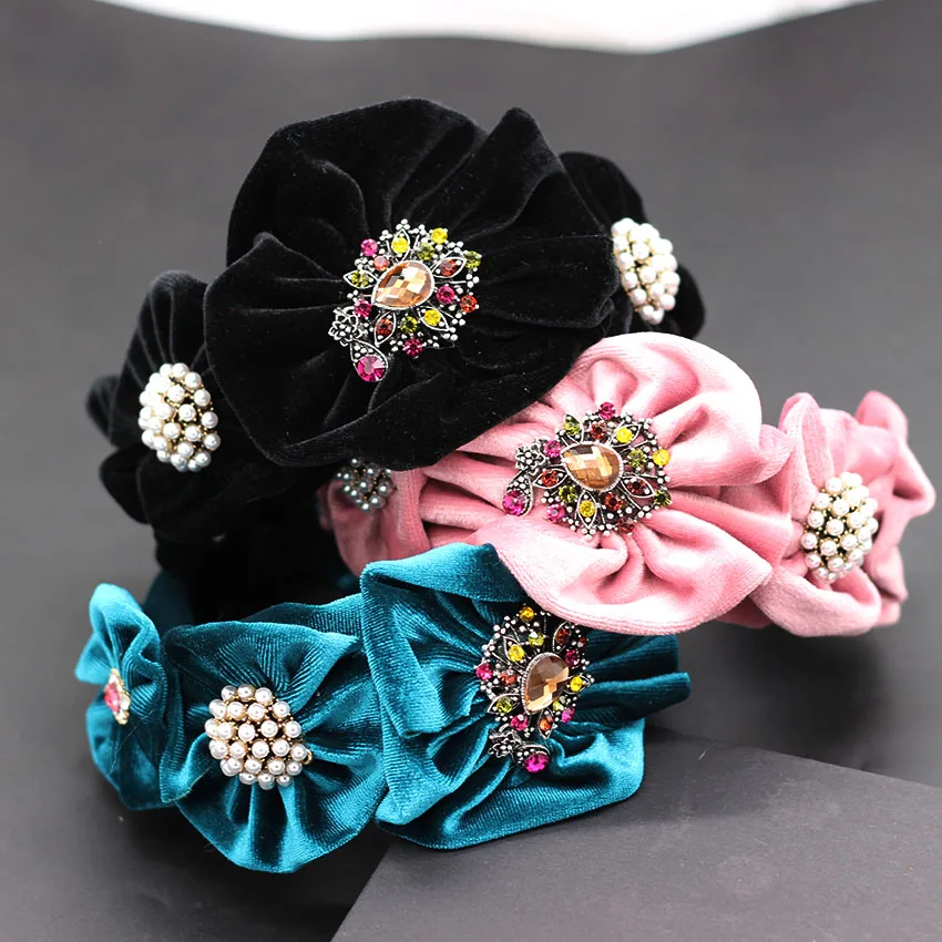 Геометрическая Вельветовая многоцветный повязка на голову с жемчужиной новые