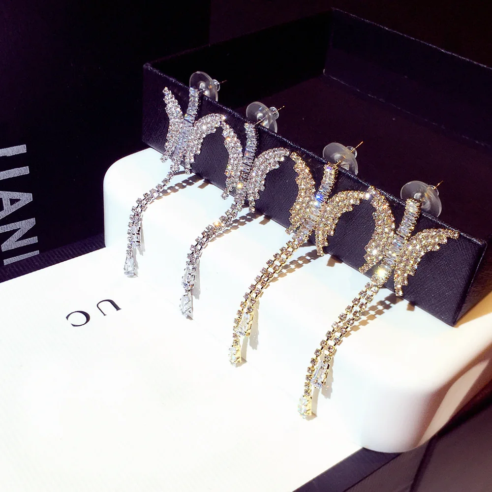 

Butterfly Earrings Women's S925 Silver Needle New Fashion Earrings Long Super Flash Rhinestone Temperament High-Grade Jewelry