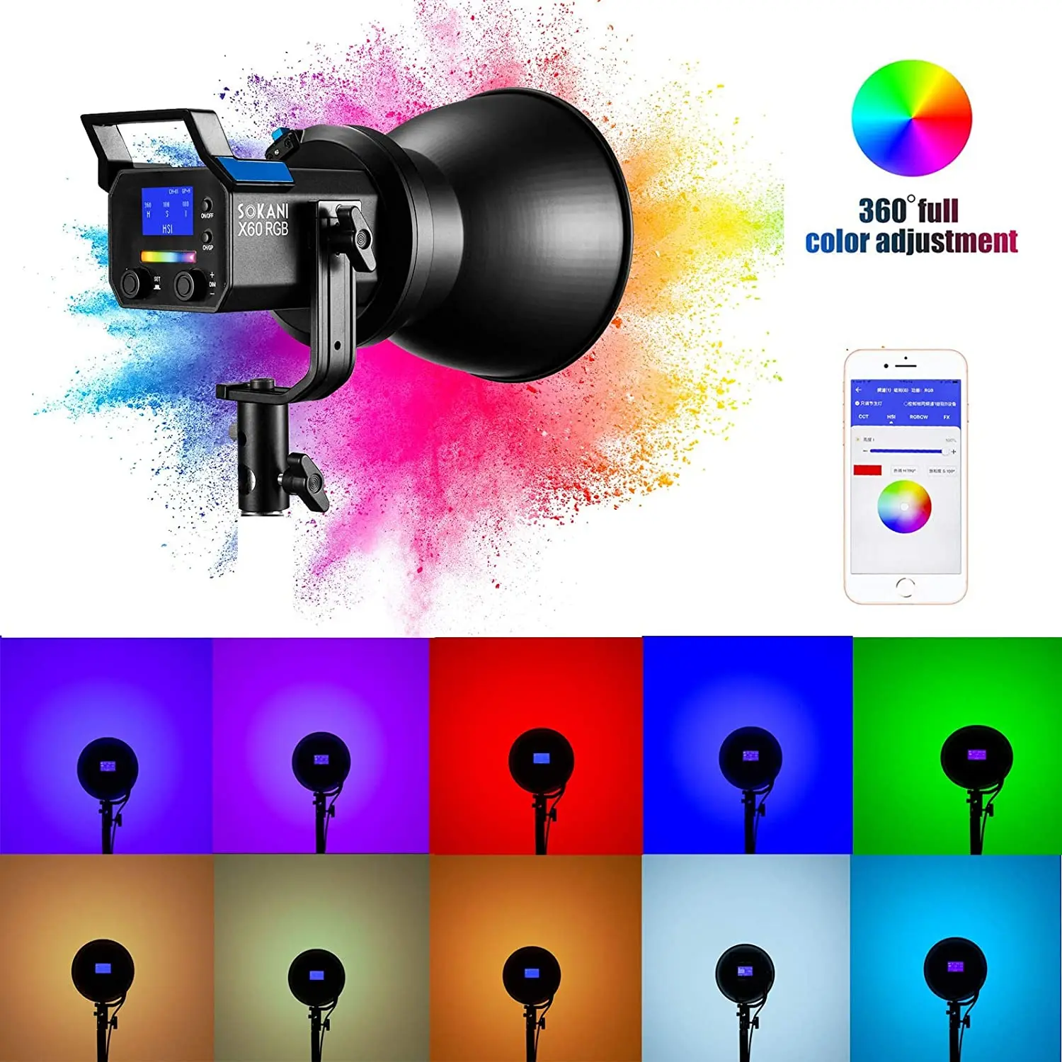 Sokani X60 V2 RGB светодиодный светильник видео 2800K-10000K Bowens крепление CRI96 TLCI 95 + эффект ing