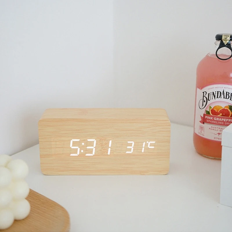 

LED Wooden Alarm Clock Watch Table Voice Control Digital Wood Despertador Electronic Desktop USB/AAA Powered Clocks Table Decor