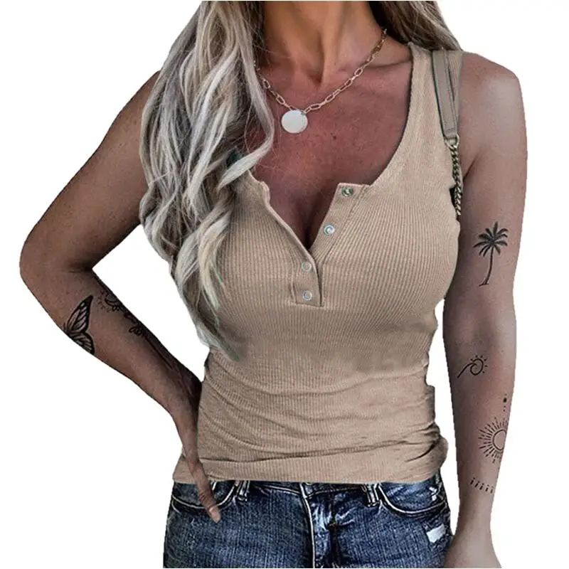 Майка женская трикотажная в рубчик Однотонная рубашка без рукавов на пуговицах с