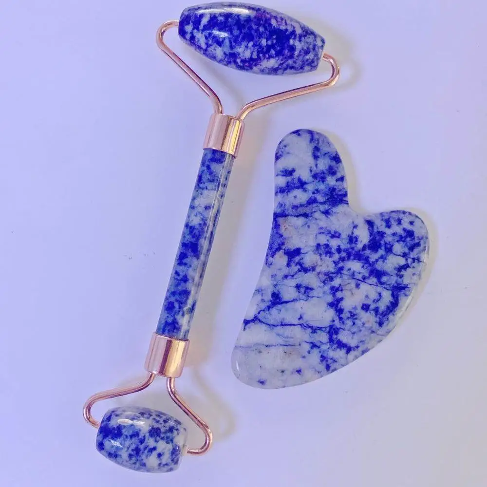 Оригинальный камень голубой Sodalite ролик для лица Gua Sha набор натуральный нефрит