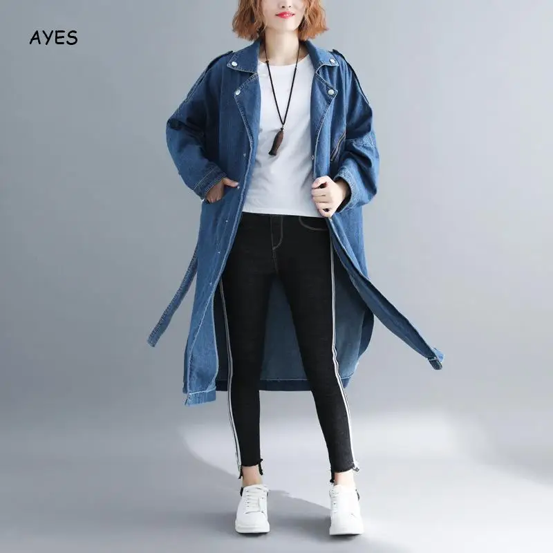 

Женская джинсовая куртка, длинная свободная куртка в стиле бойфренда, с длинным рукавом, с поясом, в стиле Харадзюку, для осени и зимы