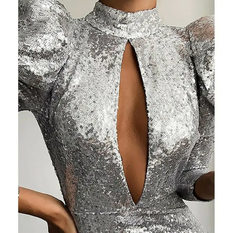 

Goocheer Womens Deep V Silver Sequined Bodycon Party Dress Long Sleeve Cocktail Evening Dress Hollow Out Sexy Mini Lady Dresses