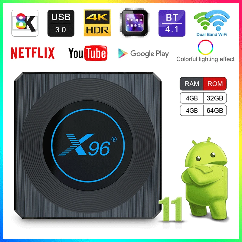 

X96 X4 Amlogic S905X4 RGB Light Smart TV Box Android 11 4G 32G 64G Dual Wifi AV1 Media Player 2021 Android TV BOX 8K Set top box