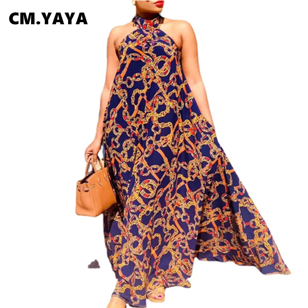 

CM.YAYA Women Long Dress Print Sleeveless Maxi Fashion Vestidos Female Vintage Ladies Dresses Stylish Outfits Summer 2021