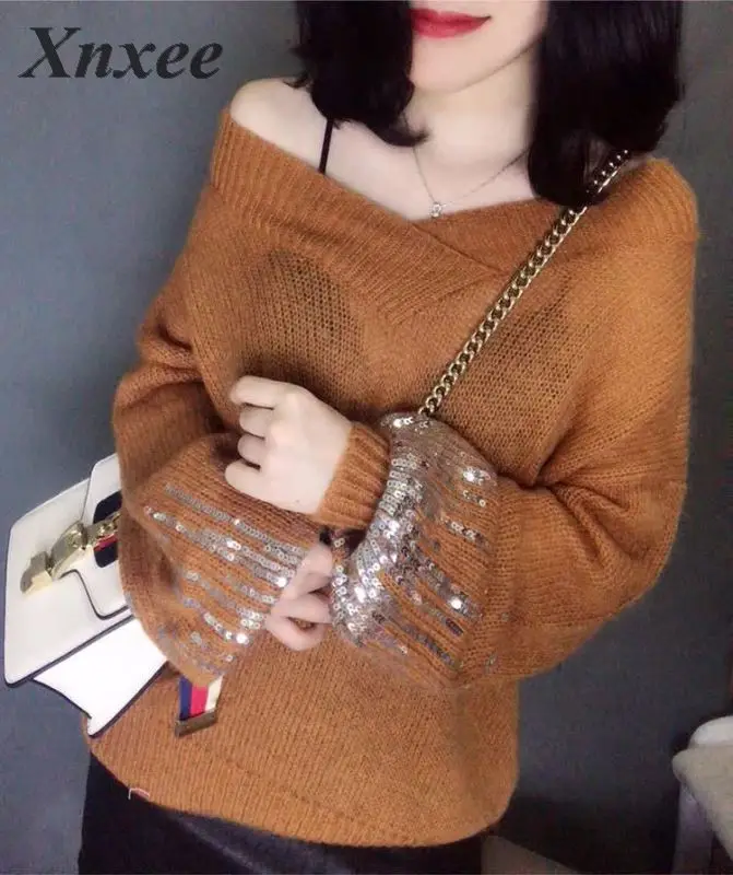 Женский Блестящий свитер корейский сексуальный с длинными рукавами и блестками |