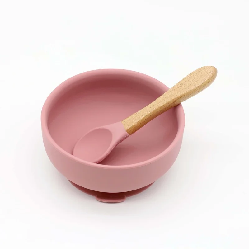 Taz&oacute;n de cuchara de madera para beb&eacute;s, suministro directo, suplemento de alimentos para beb&eacute;s, juego de vajilla de grado alimenticio, taz&oacute;n con ventosa fuerte de silicona, 2 uds.-5