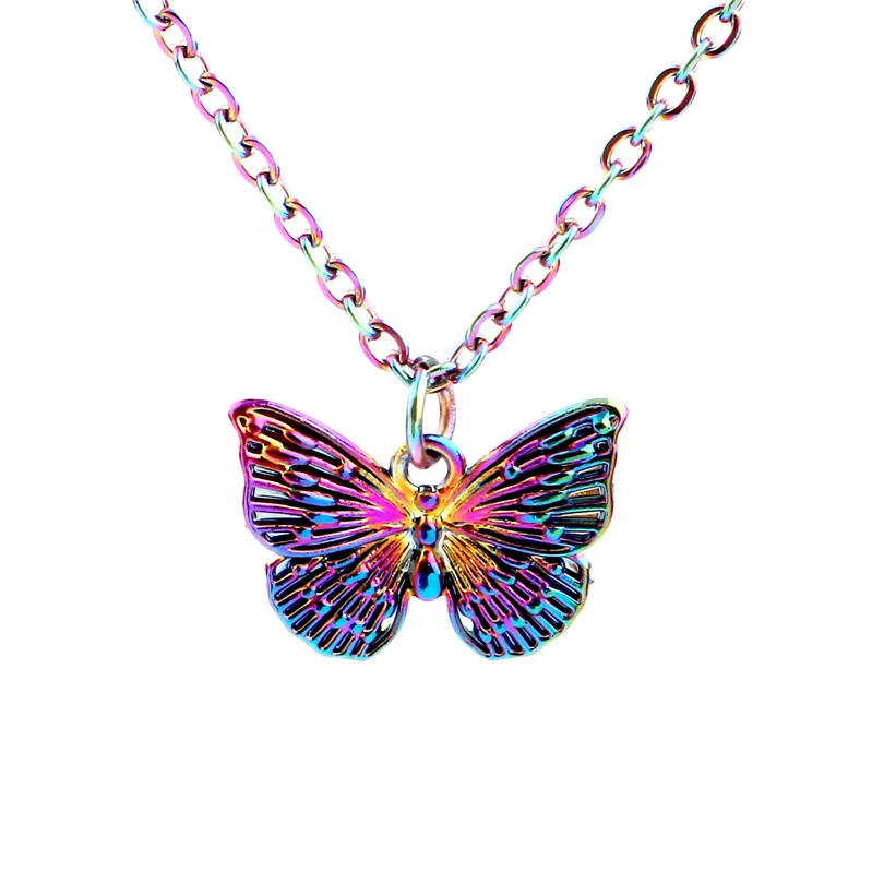 

10pcs Rainbow Color Alloy small butterfly Necklace free Stainless Steel Chain for Women Girl Xmas Party Jewelry gifts
