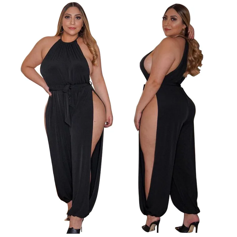 

Plus Size Women Sexy Nightclub Wear Jumpsuits Autumn Charming O-neck Sleeveless Sashes Lace-Up Side High Split Loose Rompers