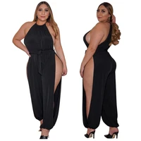 plus size women sexy nightclub wear jumpsuits autumn charming o neck sleeveless sashes lace up side high split loose rompers