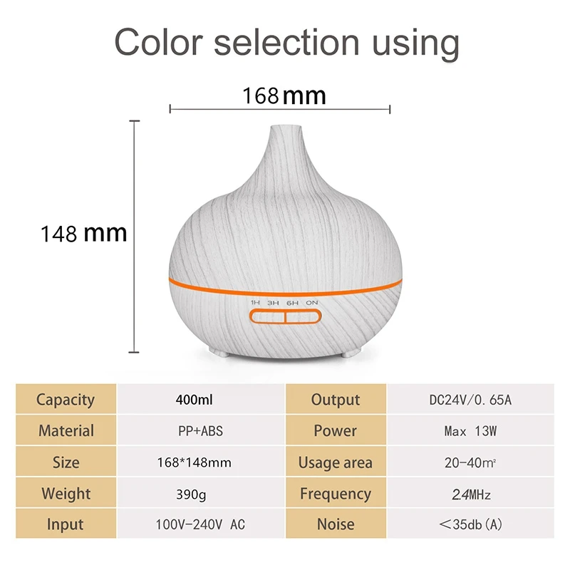 

400Ml Ultrasonic Electric Air Humidifier Aroma Oil Diffuser White Wood Grain 7 Colors Led Lights for Home