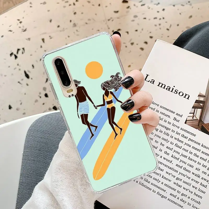 

surfing surf Girl cartoon Phone Case Transparent for Samsung A71 S9 10 20 HUAWEI p30 40 honor 10i 8x xiaomi note 8 Pro 10t 11
