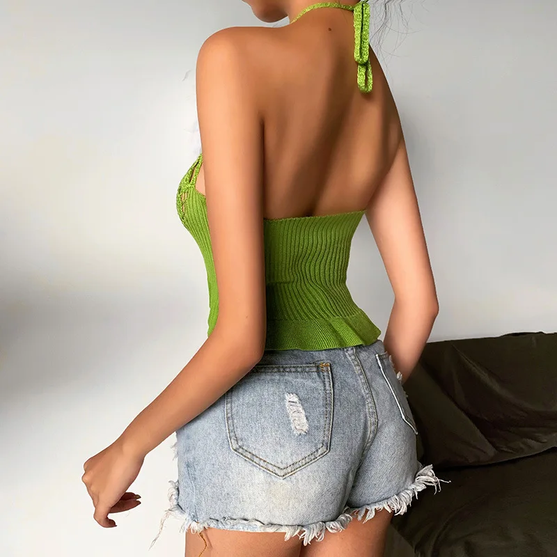 

2020 Summer New Green Top Sexy backless hollow knit Vest ruffled Fashion camisole top Vest Women FC42