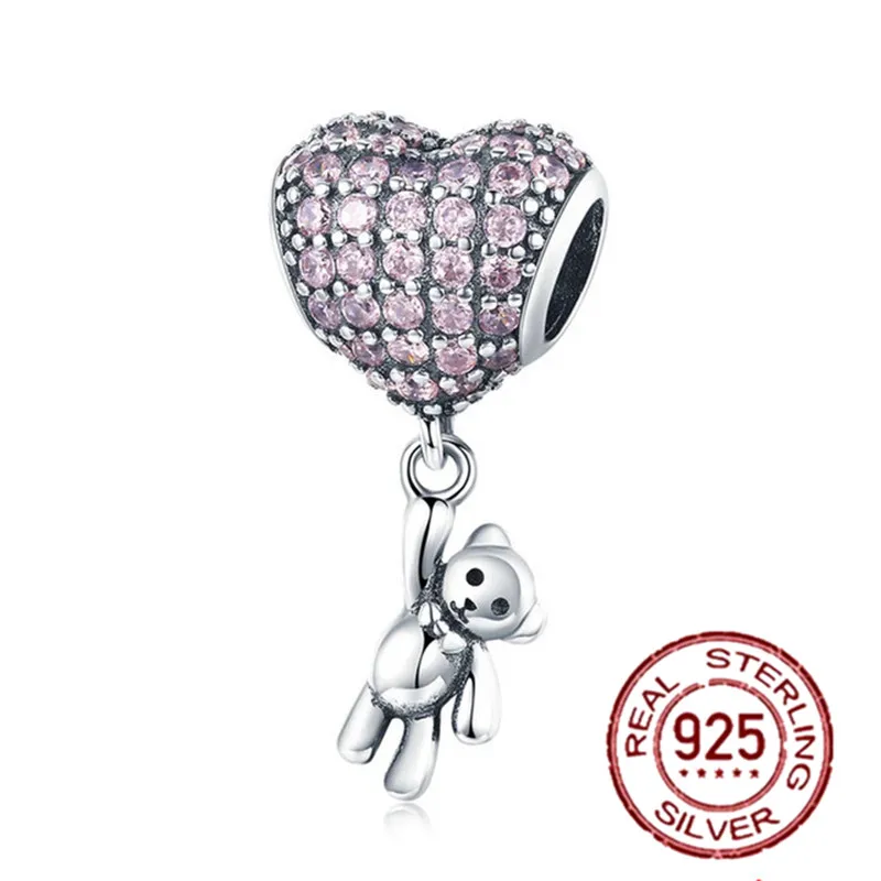 

New 925 Sterling Silver Pave Bear Hear Dangle Charm fit Original Pandora Bracelet Silver Pendant 925 Jewelry Making Gift