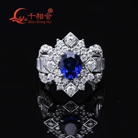 925 silver luxury 7x9mm lab blue artificial sapphire with moissanite side stones engagement wedding moissanite women ring