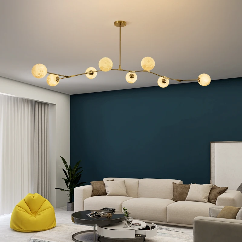 

Nordic 3D Printing Moon Light Long Strip Dining Room Chandelier Simple And Creative Bar Counter Modern Chandelier For Bedroom