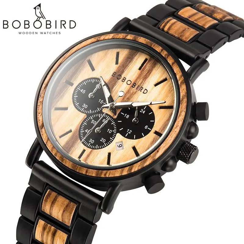 

BOBO BIRD Men Watch Wooden Top Luxury Stainless Steel Stylish Timepiece Chronograph Waterproof Watch Great Gift Box reloj hombre
