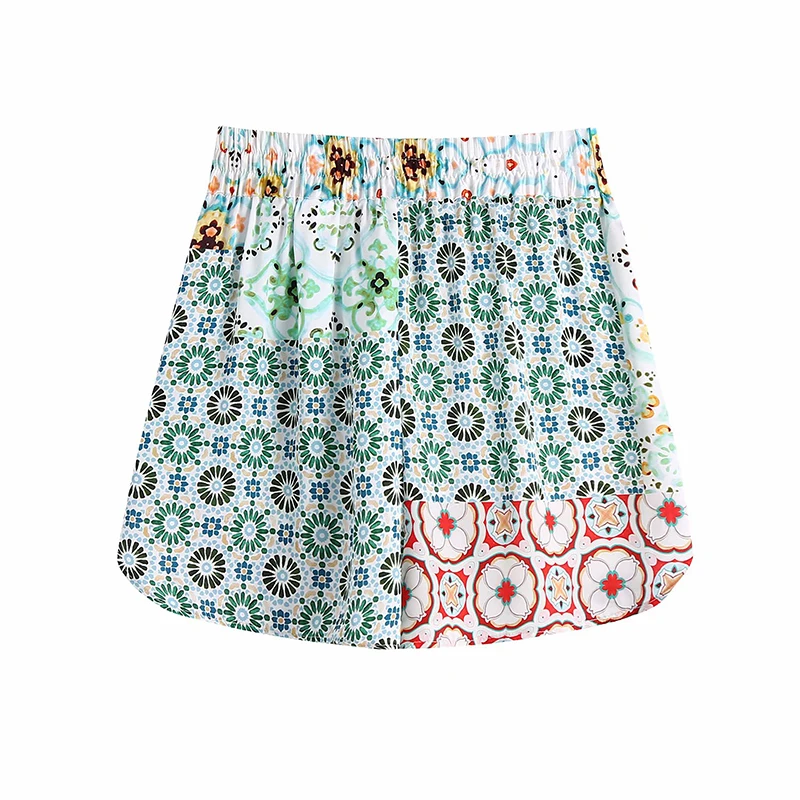 

WXWT Za Fashion Women Geometry Print Shorts Vintage Elastic Waist With Drawstring Female High Waist Shorts