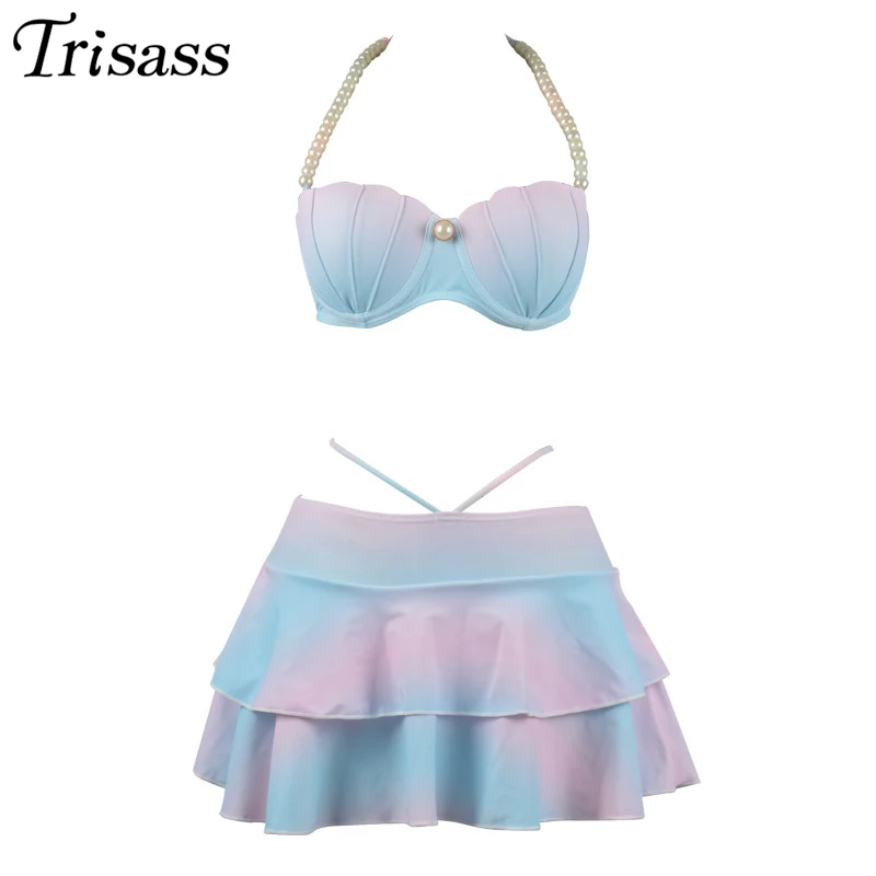 Trisass из двух частей комплект бикини купальник юбка с жемчужинами топ бретелькой